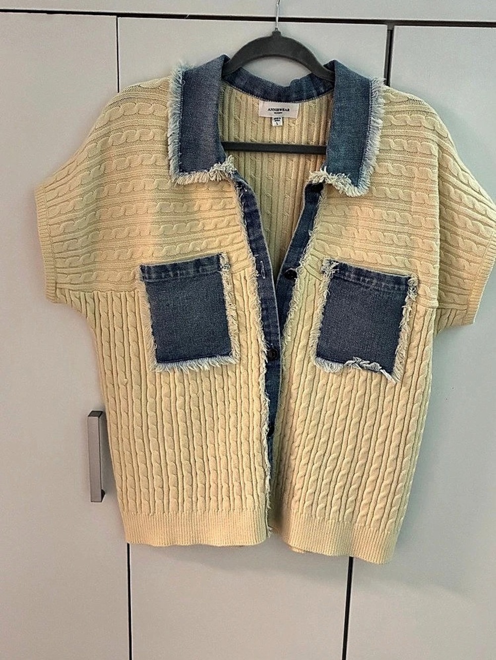 ANNIJEWEAR Cable Knit Denim Trim Sweater in Yellow & Blue-large.